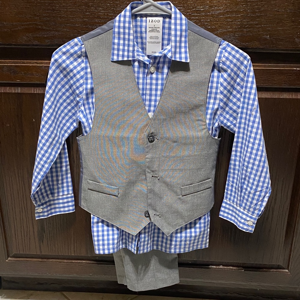 3 Piece Izod Blue Checkered Shirt with Gray Vest and Pants - Boys 7